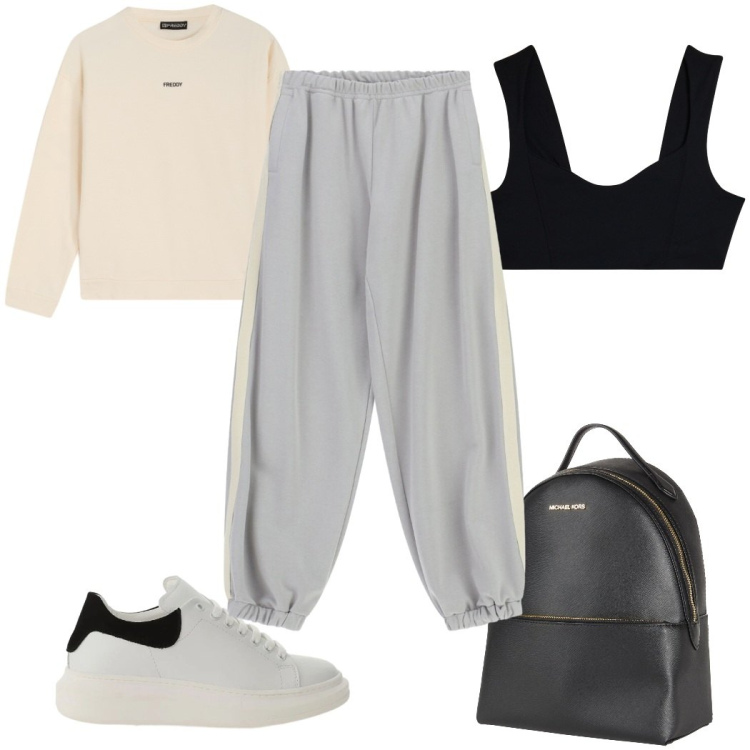 Outfit donna - Total look #2406156. Stile Trendy per Sport. Abbinamento con zaini, pantaloni, sneakers, top sportivi, felpe.