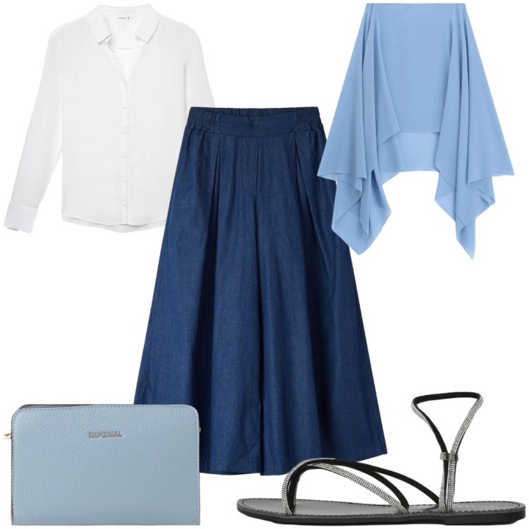 Outfit donna - Total look #2406159. Stile Trendy per Tutti i giorni. Abbinamento con gonne longuette, camicie, sandali, borse a tracolla, cappe.