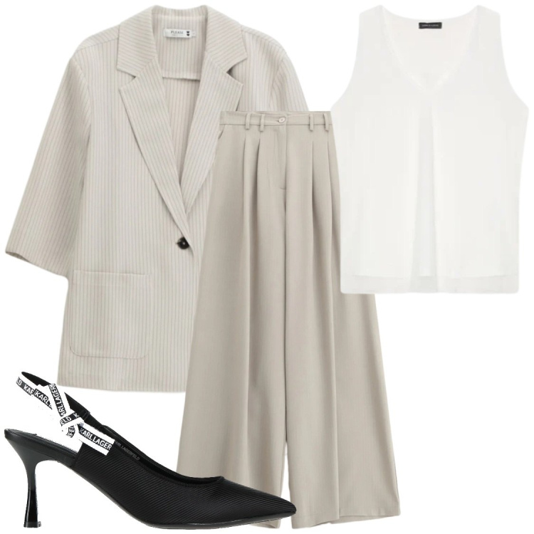 Outfit donna - Serate onlavoro. Stile Chic per Serata fuori. Abbinamento con décolleté, blazer, pantaloni a palazzo, top.