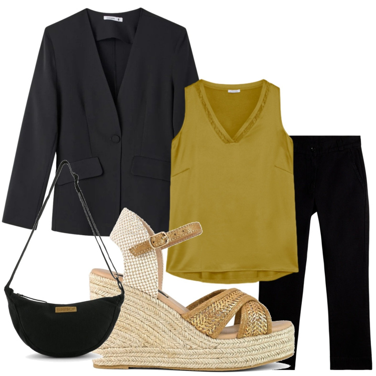Outfit donna - Marsupio e zeppe. Stile Chic per Serata fuori. Abbinamento con blazer, pantaloni, top, zeppe, borse a tracolla.