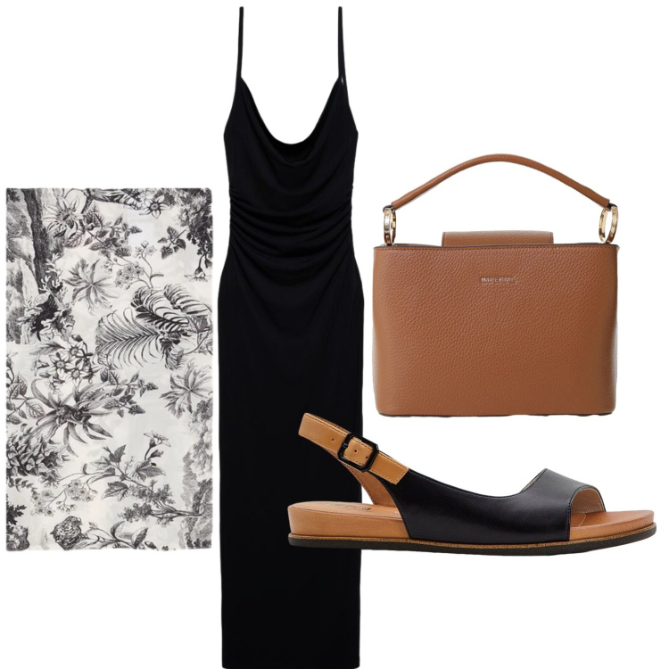 Outfit donna - Foulard classico. Stile Chic per Serata fuori. Abbinamento con sandali, vestiti lunghi, borse a secchiello, foulard.