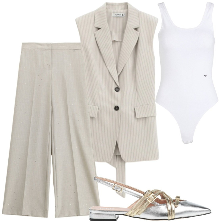 Outfit donna - Gile\' lunghi. Stile Chic per Ufficio. Abbinamento con body, ballerine, gilet, pantaloni a palazzo.