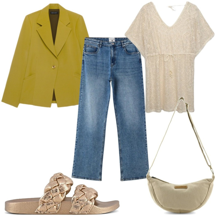 Outfit donna - Total look #2406169. Stile Etnico per Tutti i giorni. Abbinamento con jeans dritti, caftani, blazer, ciabatte, borse a tracolla.