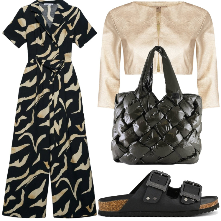 Outfit donna - Guardaroba primaverile. Stile Glamour per Serata fuori. Abbinamento con tute, bolero, borse tote, sandali.