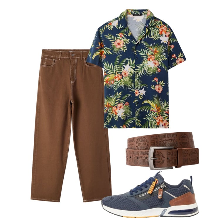 Outfit uomo - Maggio. Stile Casual per Tutti i giorni. Abbinamento con cinture, sneakers, camicie a manica corta, pantaloni.