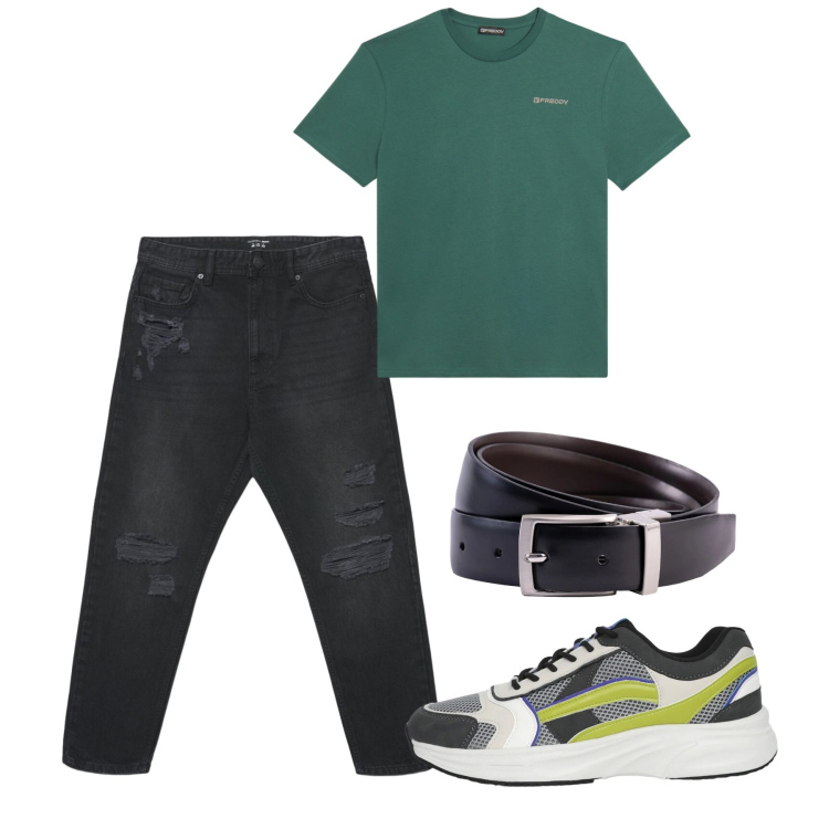 Outfit uomo - Urban may. Stile Urban per Tutti i giorni. Abbinamento con sneakers, jeans strappati, t-shirt, cinture.