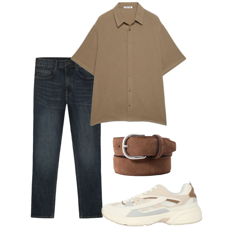 Outfit uomo - Maggio. Stile Casual per Tutti i giorni. Abbinamento con sneakers, camicie a manica corta, cinture, jeans.