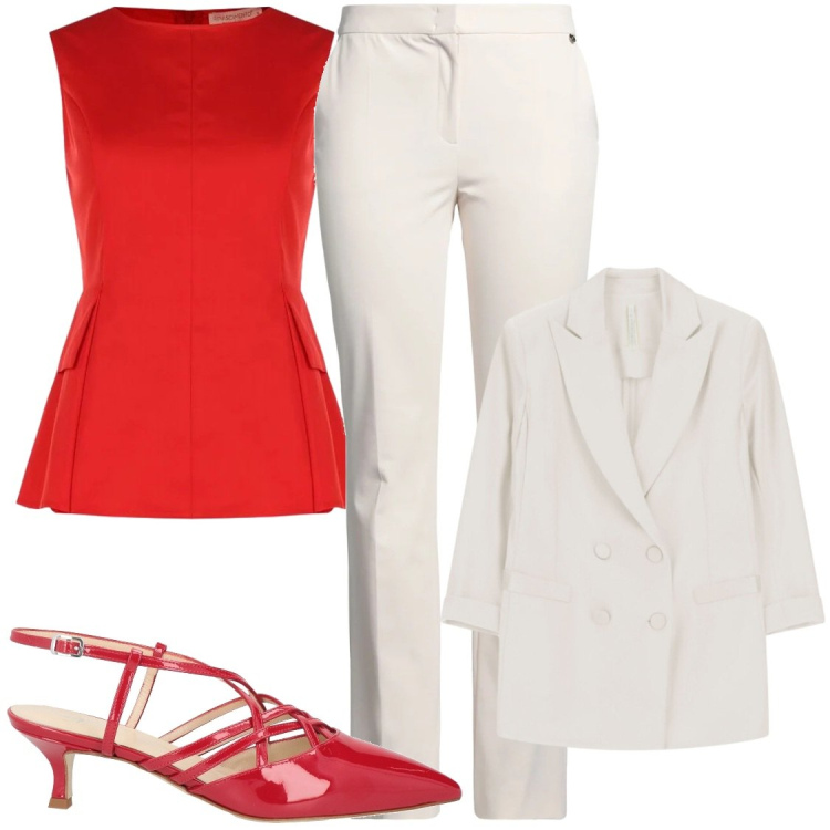 Outfit donna - Bianco e rosso. Stile Glamour per Serata fuori. Abbinamento con décolleté, pantaloni, blazer, canottiere.