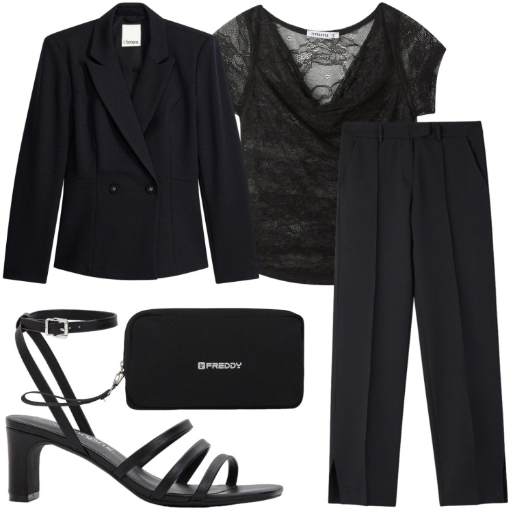 Outfit donna - Total black. Stile Chic per Serata fuori. Abbinamento con blazer, sandali col tacco, t-shirt, pantaloni, valigie.