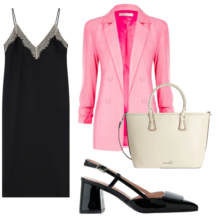 Outfit donna - Blazer e slipdress. Stile Glamour per Serata fuori. Abbinamento con blazer, vestiti midi/longuette, décolleté, shopping bag.