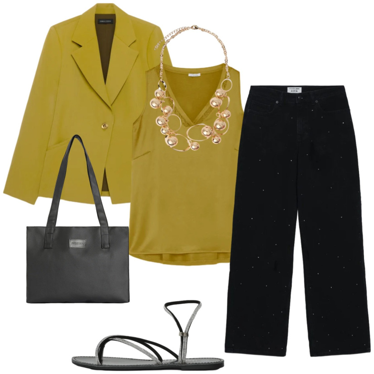 Outfit donna - Total look #2406192. Stile Casual chic per Tutti i giorni. Abbinamento con sandali, jeans, shopping bag, collane, top, blazer.