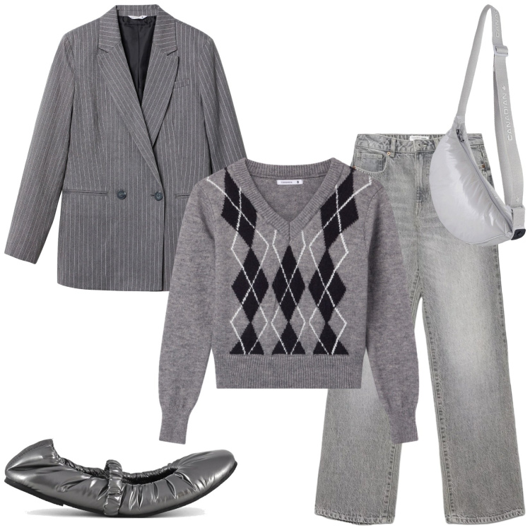 Outfit donna - Total look #2406194. Stile Casual per Tutti i giorni. Abbinamento con blazer, jeans dritti, pullovers, borse a tracolla, ballerine.