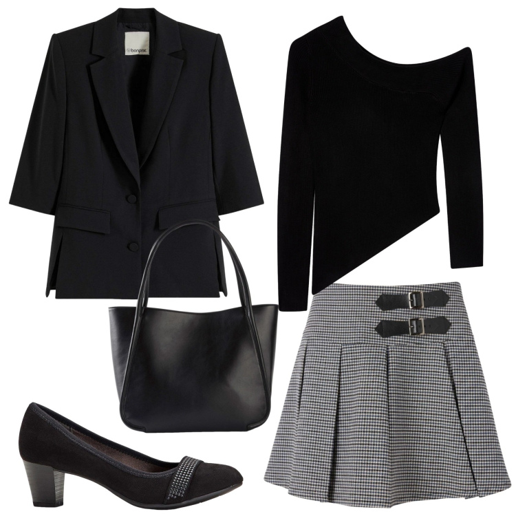 Outfit donna - Total look #2406198. Stile Bon Ton per Ufficio. Abbinamento con décolleté, shopping bag, blazer, minigonne, maglieria.