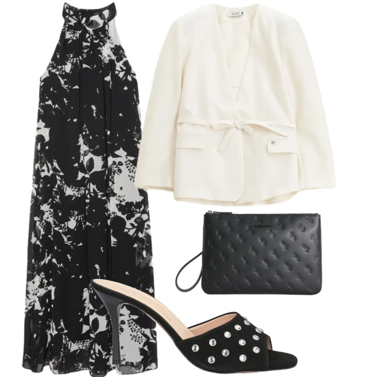 Outfit donna - Serate. Stile Glamour per Serata fuori. Abbinamento con sandali in pelle, anelli, blazer, vestiti lunghi.