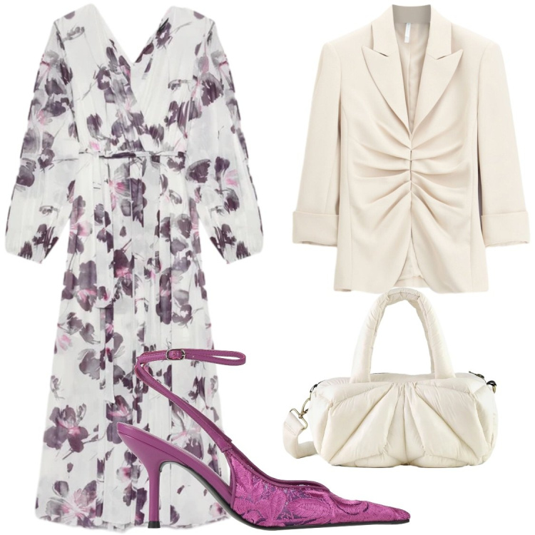 Outfit donna - Eventi. Stile Glamour per Serata fuori. Abbinamento con décolleté, blazer, vestiti lunghi, borse a mano.