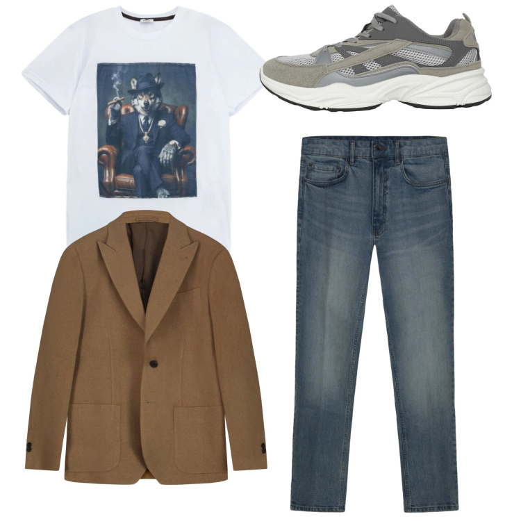 Outfit uomo - Total look. Stile Casual per Tutti i giorni. Abbinamento con sneakers, t-shirt, giacche, jeans.
