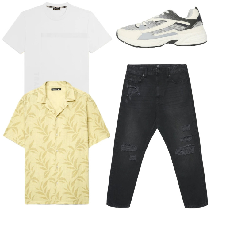 Outfit uomo - Total look. Stile Casual per Tutti i giorni. Abbinamento con sneakers, jeans strappati, camicie a manica corta, t-shirt.
