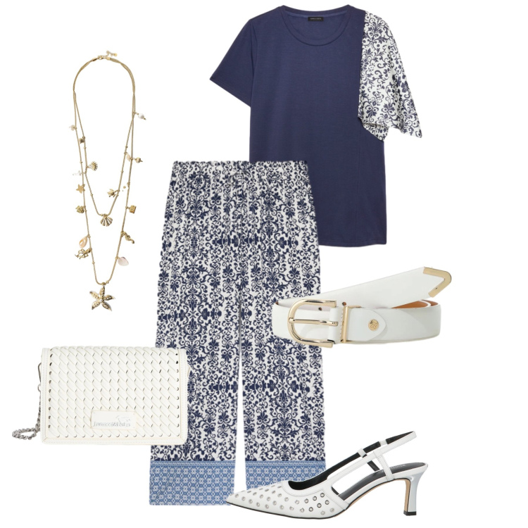 Outfit donna - Aperitivo in stampa decorativa. Stile Casual chic per Tutti i giorni. Abbinamento con décolleté, borse a tracolla, cinture, collane, pantaloni, bluse.