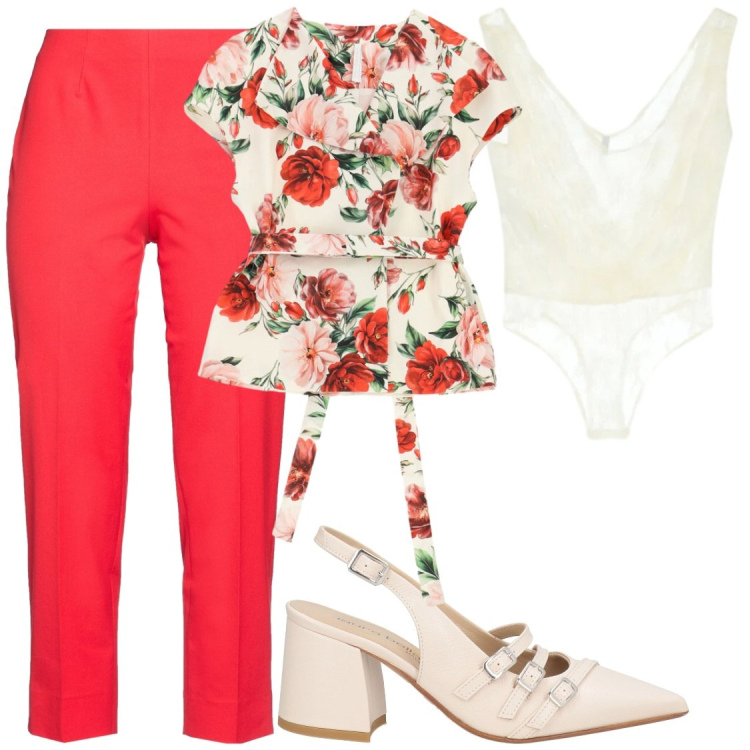 Outfit donna - Fiori su rosso. Stile Chic per Serata fuori. Abbinamento con décolleté, pantaloni, top, gilet.