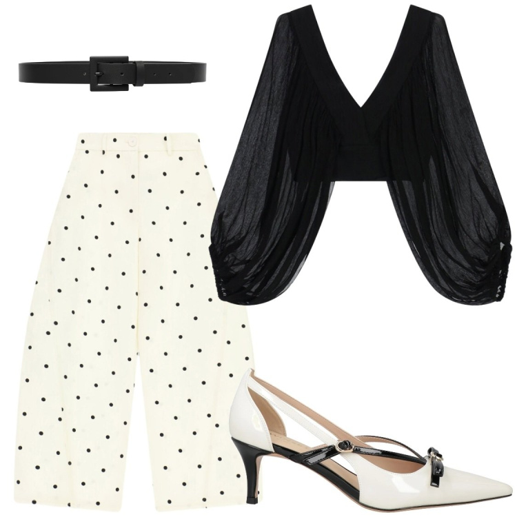 Outfit donna - Pois. Stile Glamour per Serata fuori. Abbinamento con décolleté, top, pantaloni a palazzo, cinture.