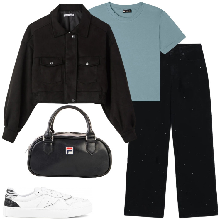 Outfit donna - Un cielo stellato. Stile Casual per Scuola/Università. Abbinamento con borse a tracolla, bomber, jeans, t-shirt, sneakers.