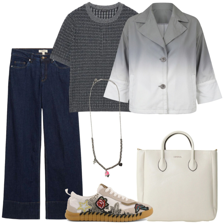 Outfit donna - Gli ultimi giorni di scuola. Stile Casual per Scuola/Università. Abbinamento con jeans, borse a tracolla, ciondoli, maglieria, cappotti, sneakers.