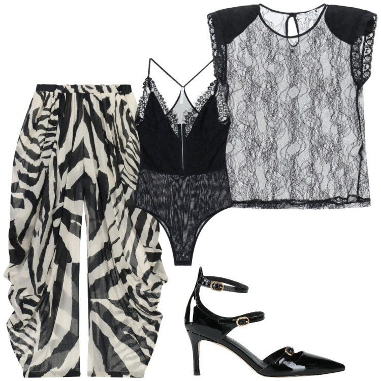 Outfit donna - Trasparenze. Stile Glamour per Serata fuori. Abbinamento con décolleté, pantaloni, body, top.