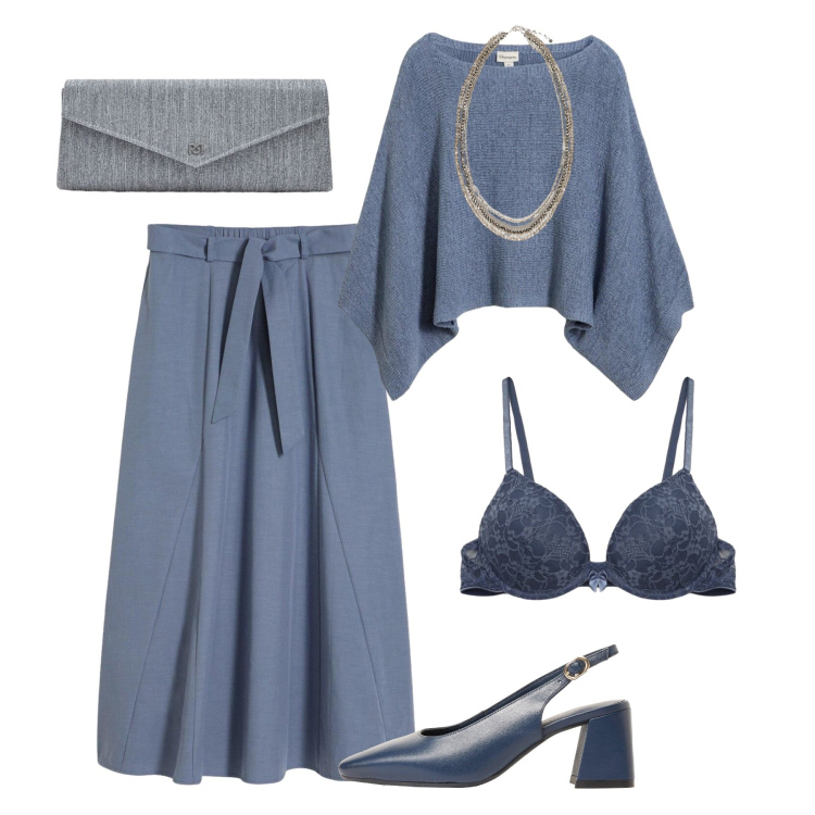Outfit donna - Cena blu fumé. Stile Glamour per Serata fuori. Abbinamento con décolleté, gonne lunghe, maglieria, reggiseni push-up, pochette, collane.