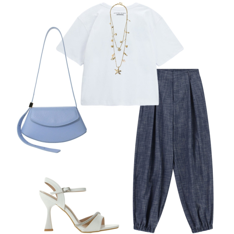 Outfit donna - Imperial. Stile Casual chic per Serata fuori. Abbinamento con t-shirt, sandali gioiello, borse a spalla, collane, pantaloni.
