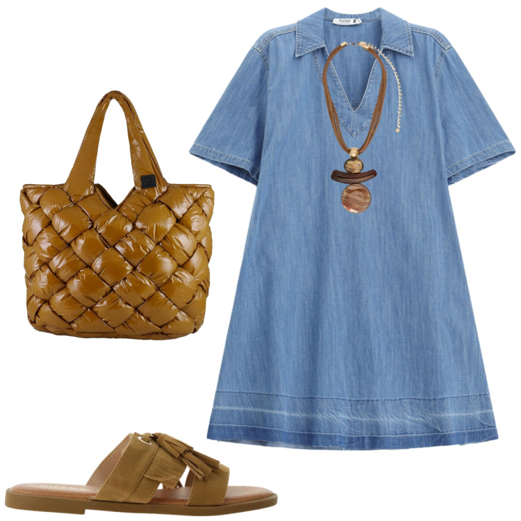 Outfit donna - Abito in jeans. Stile Casual chic per Tutti i giorni. Abbinamento con sandali, vestiti corti, ciondoli, borse tote.