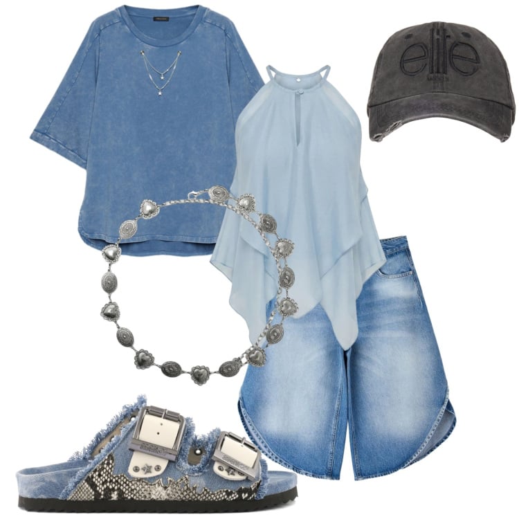 Outfit donna - Fibbie e pendenti. Stile Sporty chic per Tutti i giorni. Abbinamento con pantaloni corti, cinture, canottiere, cappelli, felpe, sandali.