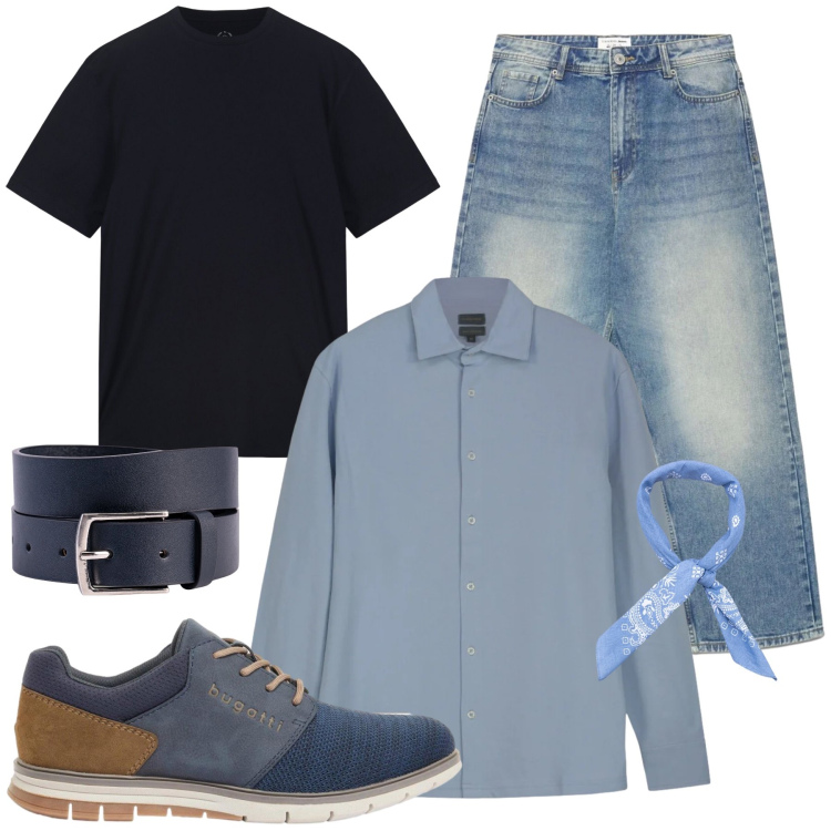 Outfit uomo - Total look #2406225. Stile Casual per Tutti i giorni. Abbinamento con scarpe stringate, jeans dritti, t-shirt, cinture, sciarpe e foulard, polo.