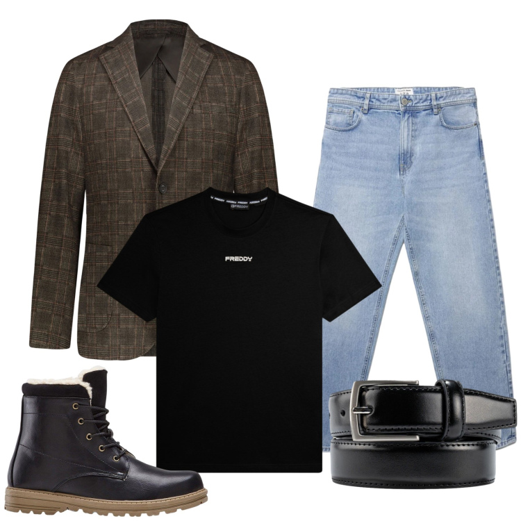 Outfit uomo - Total look #2406230. Stile Casual per Tutti i giorni. Abbinamento con stivali e stivaletti, jeans, t-shirt, giacche, cinture.