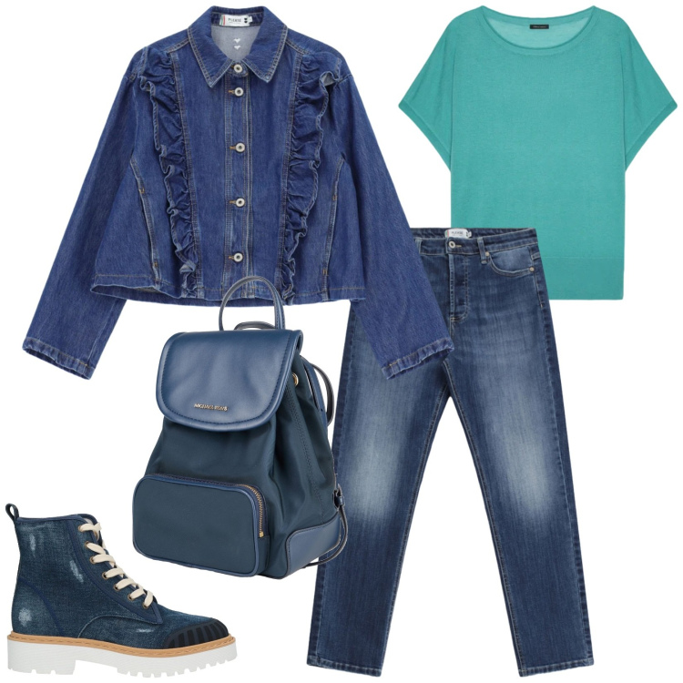 Outfit donna - Total look #2406235. Stile Casual chic per Tutti i giorni. Abbinamento con stivaletti, zaini, jeans, blazer, t-shirt.