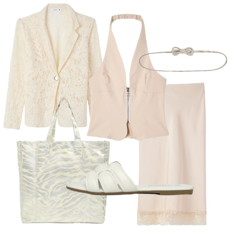 Outfit donna - Pizzo protagonista. Stile Bon Ton per Serata fuori. Abbinamento con gonne longuette, blazer, top, ciabatte, shopping bag, cinture.