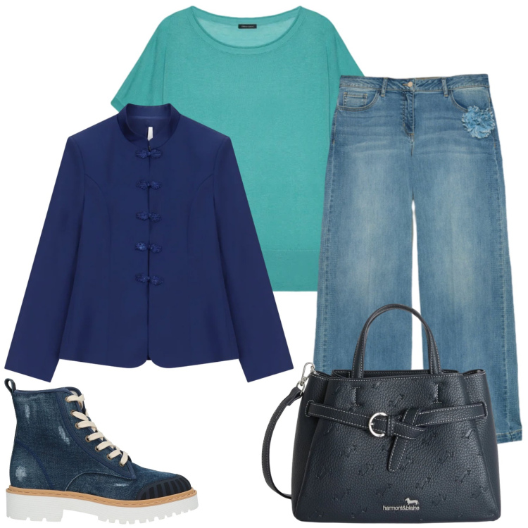 Outfit donna - Total look #2406237. Stile Casual chic per Tutti i giorni. Abbinamento con stivaletti, blazer, borse a mano, jeans, t-shirt.