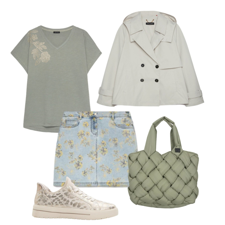 Outfit donna - Stampe in città. Stile Casual per Tutti i giorni. Abbinamento con sneakers, trench, minigonne, t-shirt, borse tote.