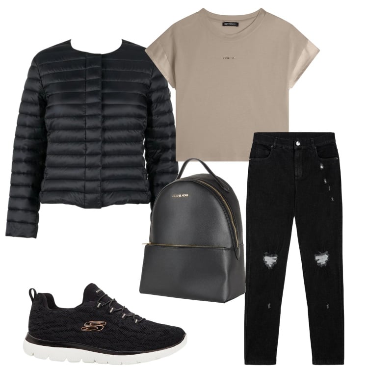 Outfit donna - Total look #2406241. Stile Urban per Tutti i giorni. Abbinamento con zaini, sneakers, jeans skinny, t-shirt, piumini.