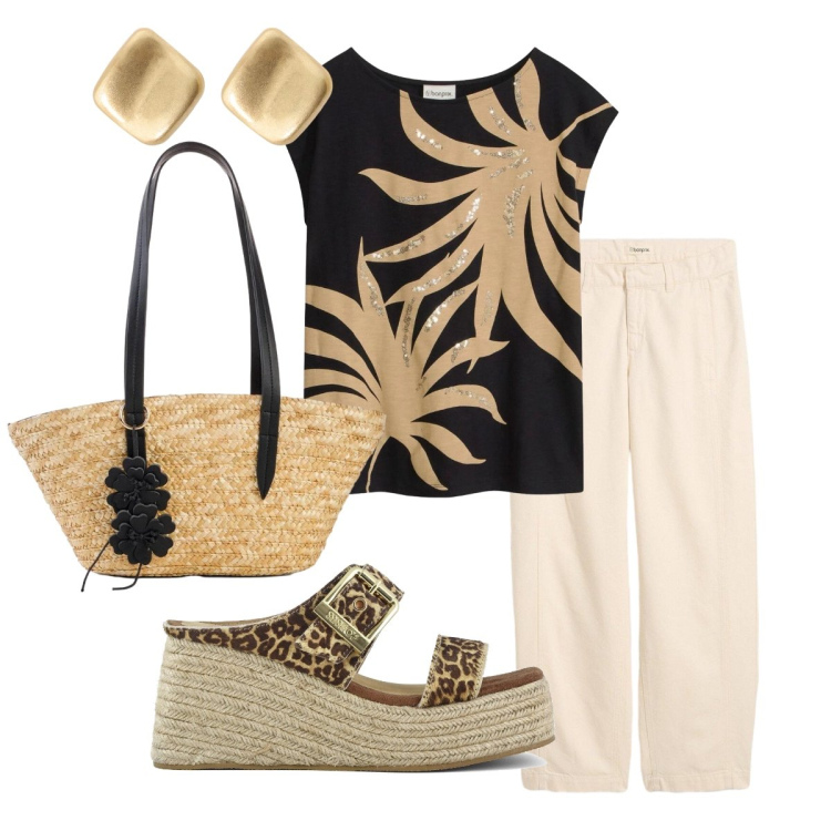 Outfit donna - L’estate si avvicina. Stile Boho per Tutti i giorni. Abbinamento con jeans, t-shirt, shopping bag, orecchini, zeppe.
