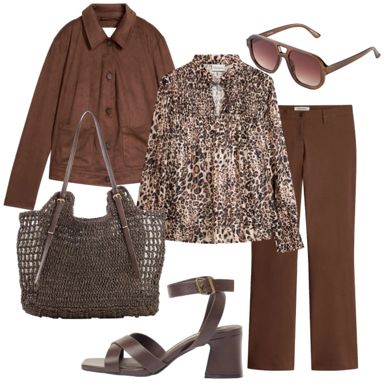 Outfit donna - In pizzeria. Stile Etnico per Serata fuori. Abbinamento con pantaloni, sandali col tacco, bluse, occhiali da sole, shopping bag, cappotti.