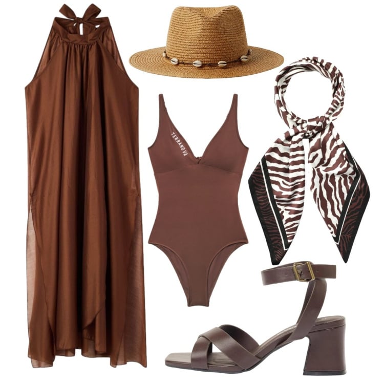 Outfit donna - La prima spiaggia. Stile Etnico per Tutti i giorni. Abbinamento con sandali col tacco, costumi interi, vestiti lunghi, cappelli, foulard.
