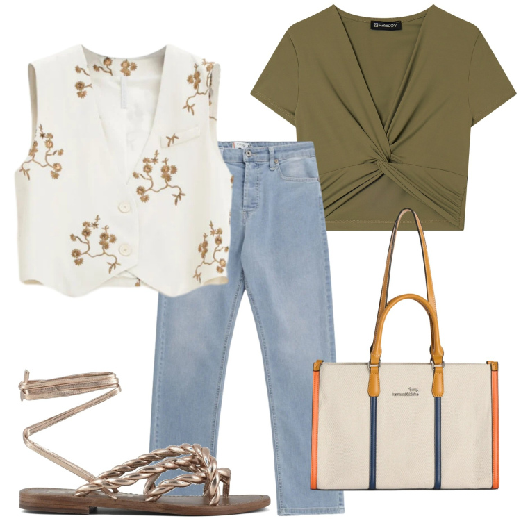 Outfit donna - Total look #2406247. Stile Casual per Ufficio. Abbinamento con borse tote, gilet, jeans, t-shirt, sandali in pelle.