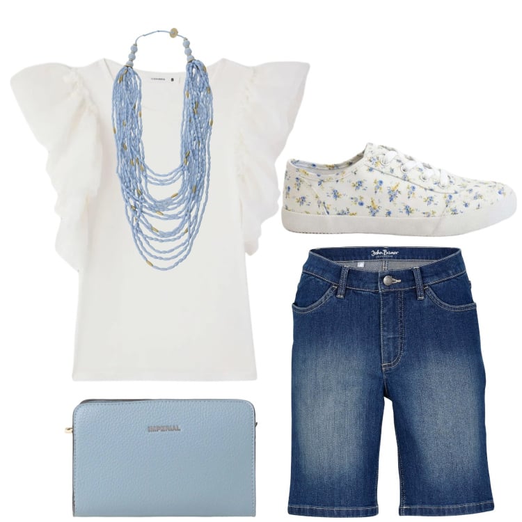 Outfit donna - Total look #2406251. Stile Sporty chic per Mare. Abbinamento con bermuda, sneakers, t-shirt, borse a tracolla, collane.