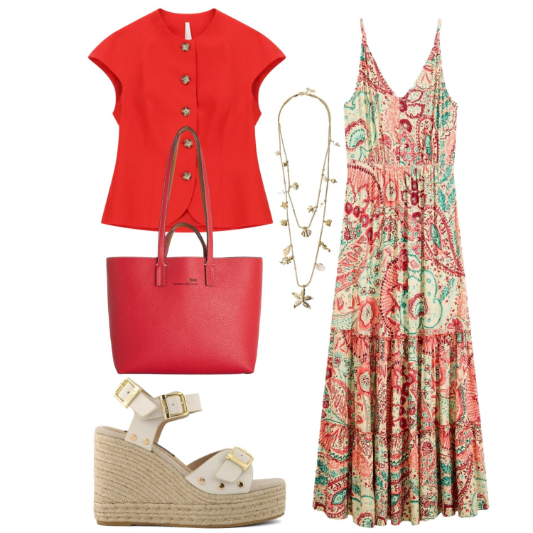 Outfit donna - Total look #2406252. Stile Etnico per Mare. Abbinamento con vestiti, blazer, collane, shopping bag, zeppe.