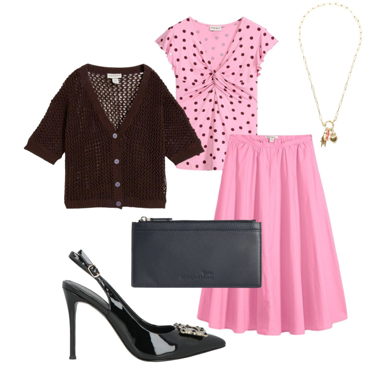 Outfit donna - Total look #2406255. Stile Vintage retrò per Cerimonia. Abbinamento con décolleté, cardigans, gonne longuette, t-shirt, portafogli, ciondoli.