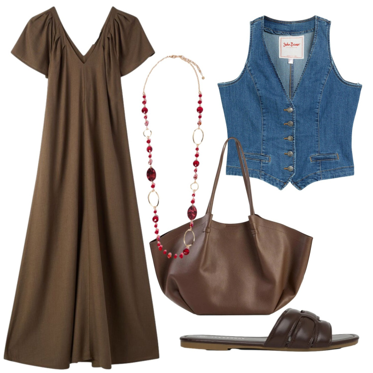Outfit donna - Total look #2406256. Stile Glamour per Tutti i giorni. Abbinamento con gilet, shopping bag, vestiti lunghi, ciabatte, collane.