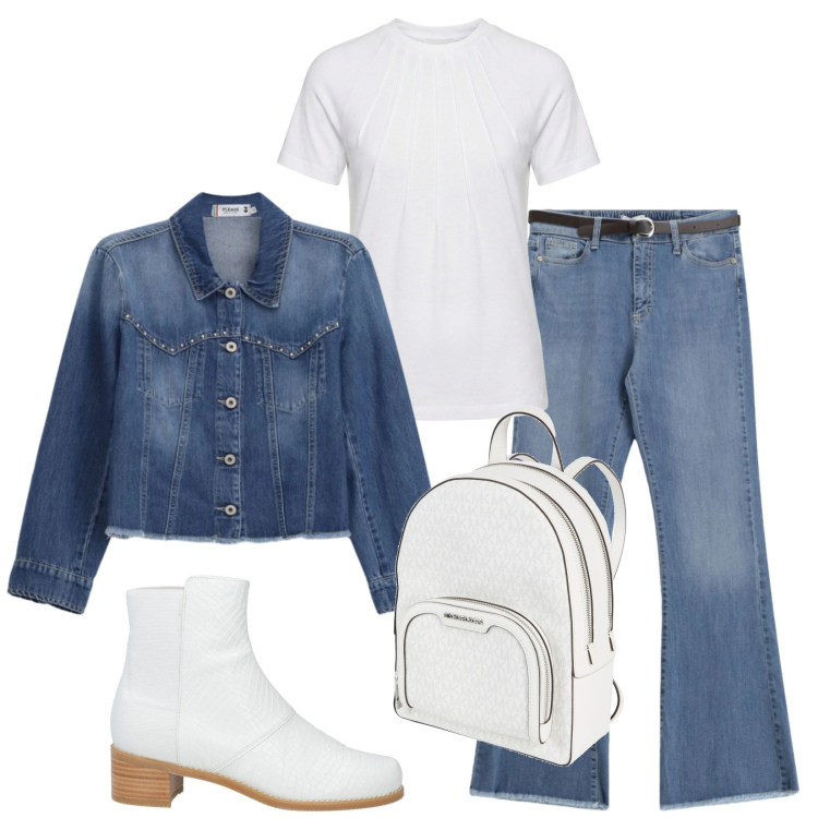 Outfit donna - Total look #2406259. Stile Urban per Tutti i giorni. Abbinamento con zaini, stivaletti, t-shirt, jeans, blazer.