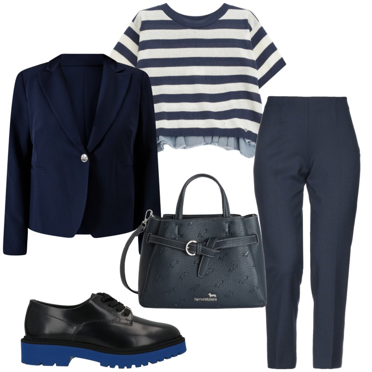 Outfit donna - Total look #2406260. Stile Casual per Ufficio. Abbinamento con pantaloni, scarpe stringate, blazer, borse a mano, t-shirt.
