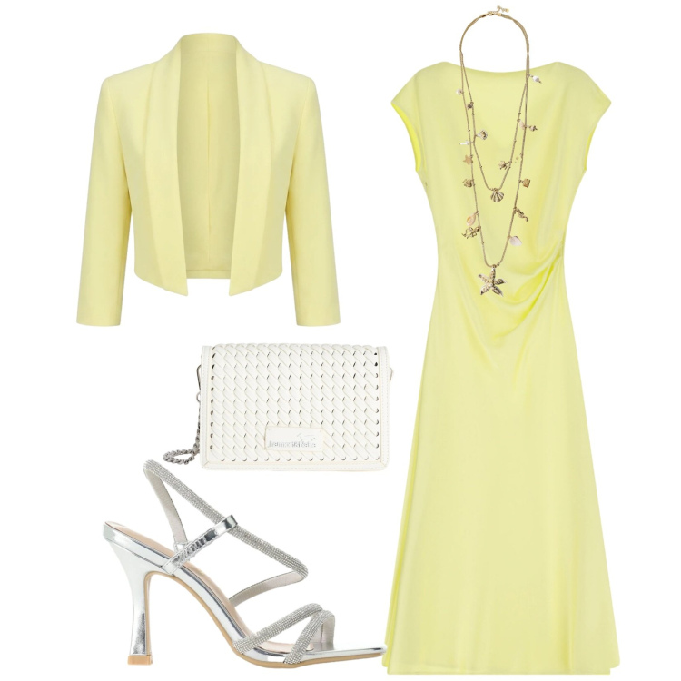 Outfit donna - Total look #2406263. Stile Chic per Cerimonia. Abbinamento con bolero, vestiti midi/longuette, sandali col tacco, collane, borse a tracolla.