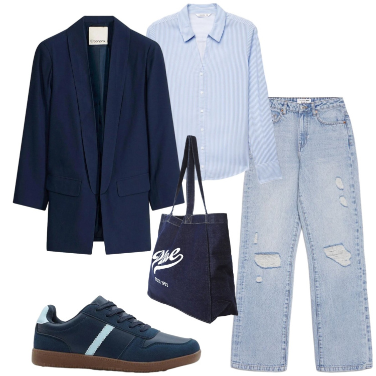 Outfit donna - Total look #2406264. Stile Casual per Tutti i giorni. Abbinamento con sneakers, blazer, camicie, jeans strappati, shopping bag.